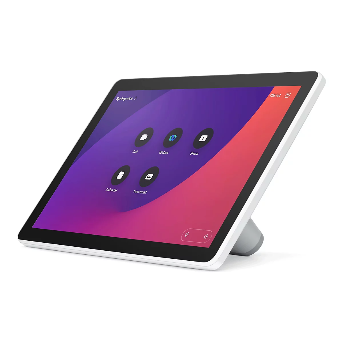 Ein weißes Tablet mit schwarzem Rahmen zeigt ein App-Menü. Auf dem Bildschirm sind Symbole für Anrufe, Webex, Freigabe, Kalender und Voicemail zu sehen.
