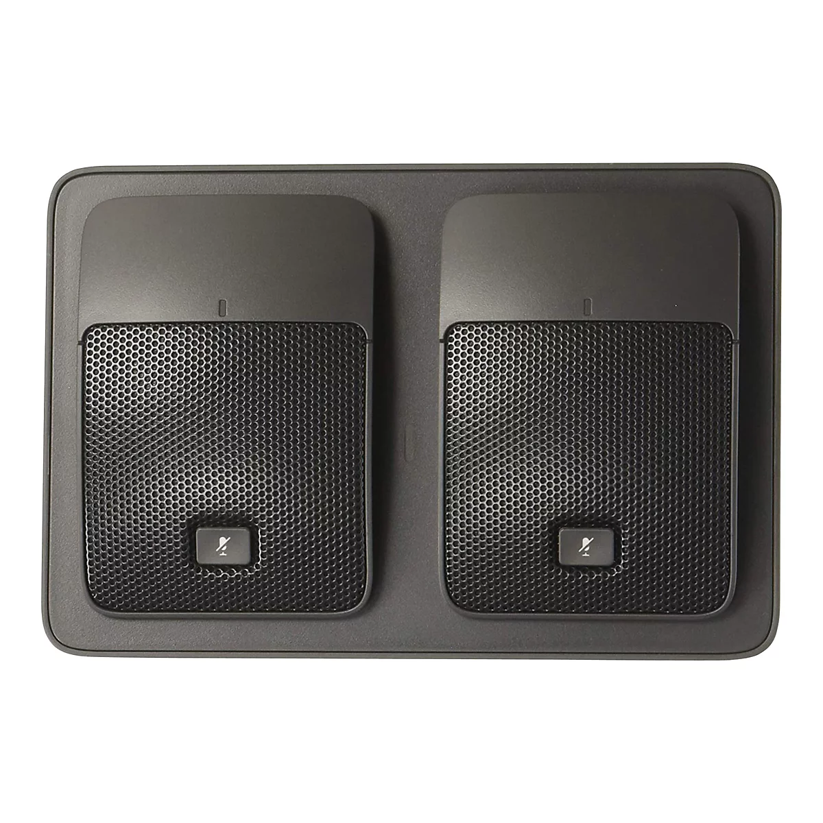 Ein schwarzes Konferenzmikrofon-Set mit zwei Mikrofonen. Beide haben ein Gitter aus kleinen Löchern und eine Mikrofonsymbol-Taste.