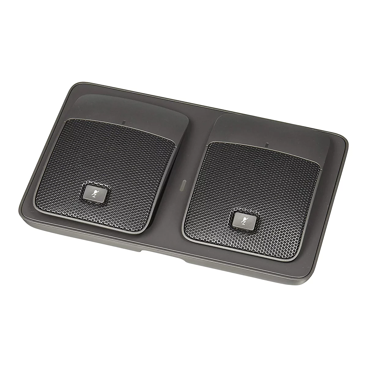 Dunkelgraue Freisprechanlage mit zwei Mikrofonen und einem rechteckigen, perforierten Gitter. Jedes Mikrofon hat eine Stummschalttaste.