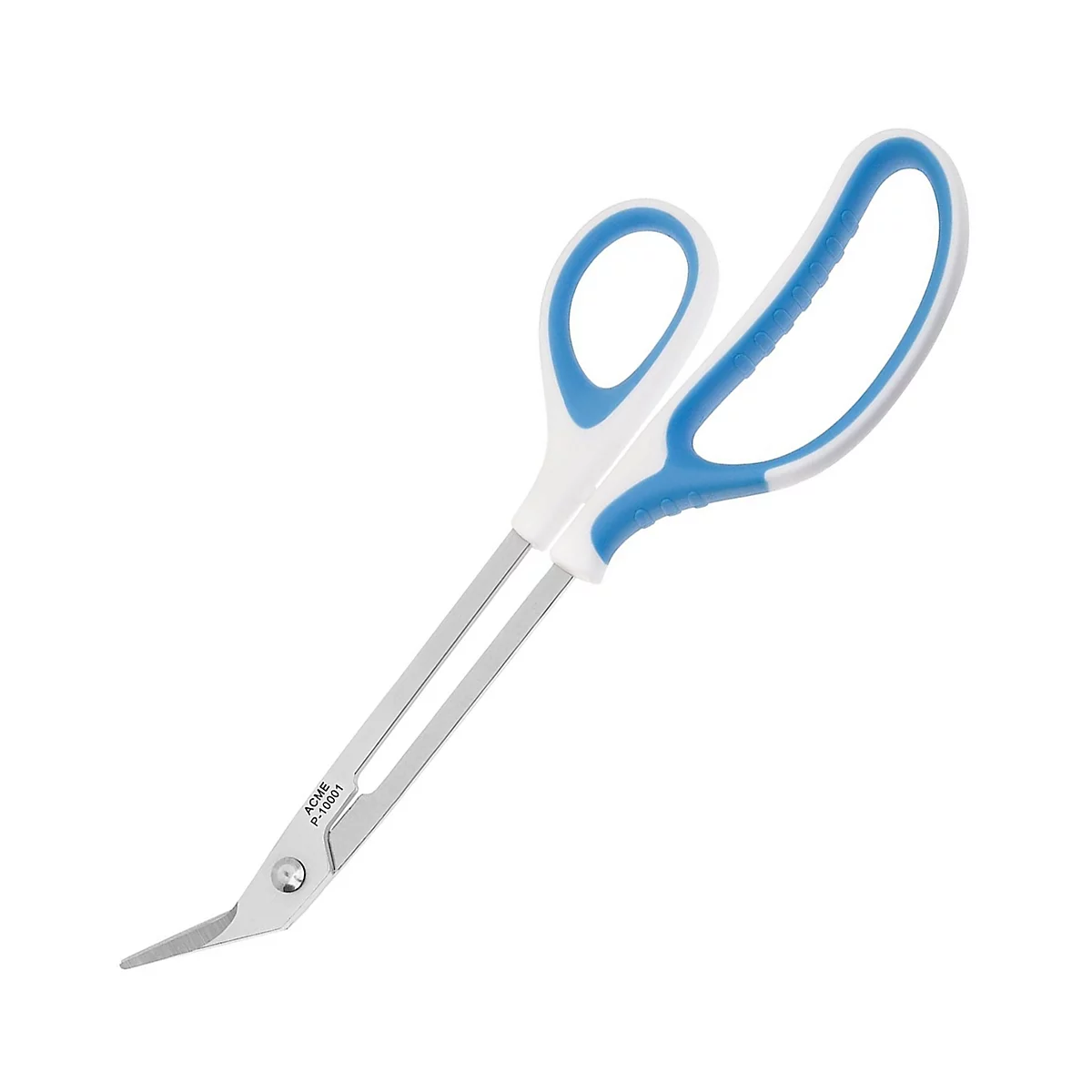 Ciseaux de bricolage avec poignées blanc-bleu et lames en métal incurvées sur fond blanc.