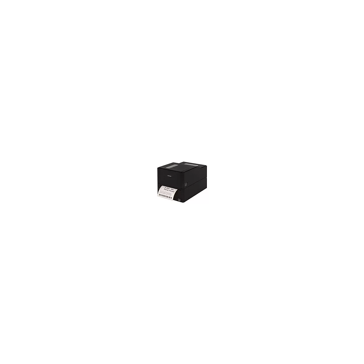 Schwarzer Etikettendrucker, der ein Etikett druckt. Das Etikett zeigt einen Barcode und Text. Auf dem Drucker steht: CL-E321 200 I Thermal Transfer.