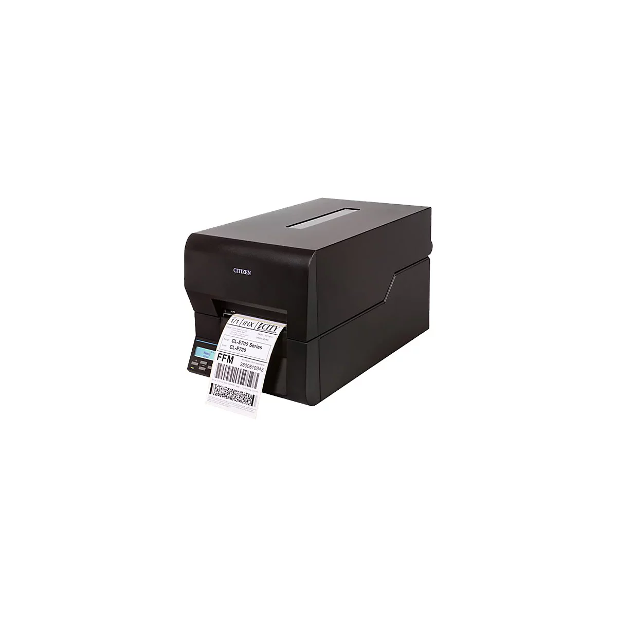 Schwarzer Etikettendrucker mit Citizen-Logo und ausgedrucktem Etikett mit Barcode.