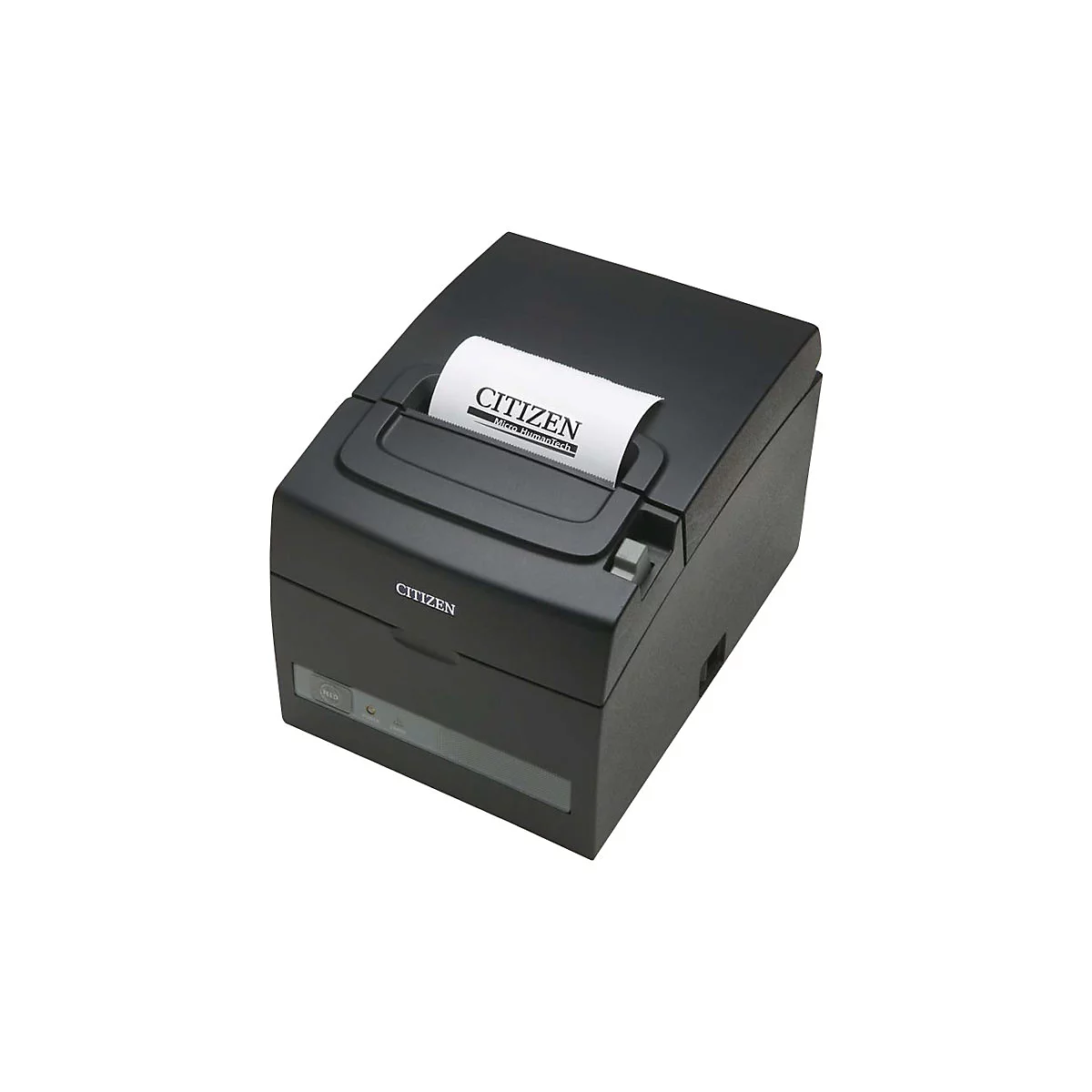 Schwarzer CITIZEN-Thermodrucker. Papier kommt aus dem Drucker. CITIZEN Logo.