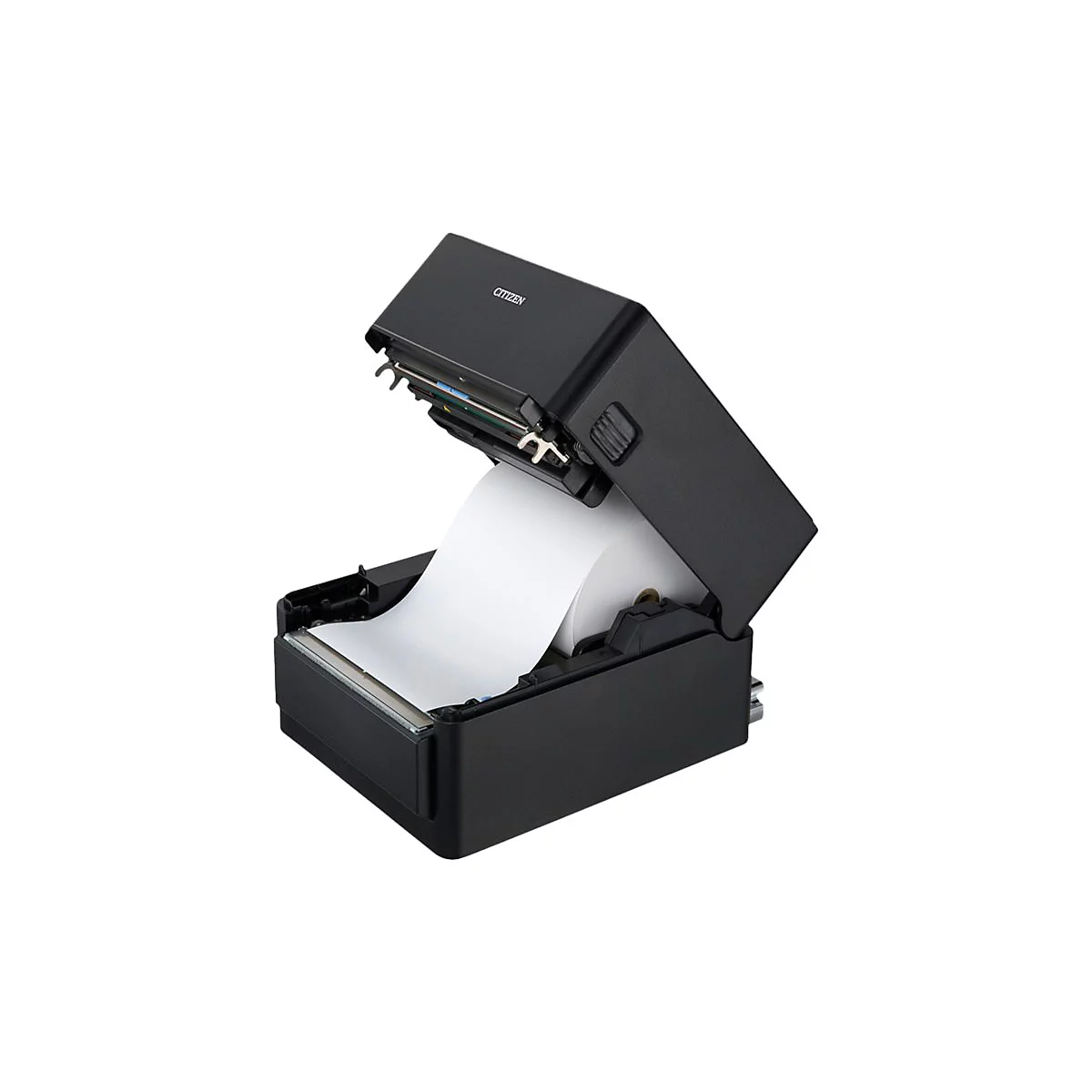 Schwarzer Citizen-Thermodrucker mit geöffneter Klappe, Papierrolle sichtbar.