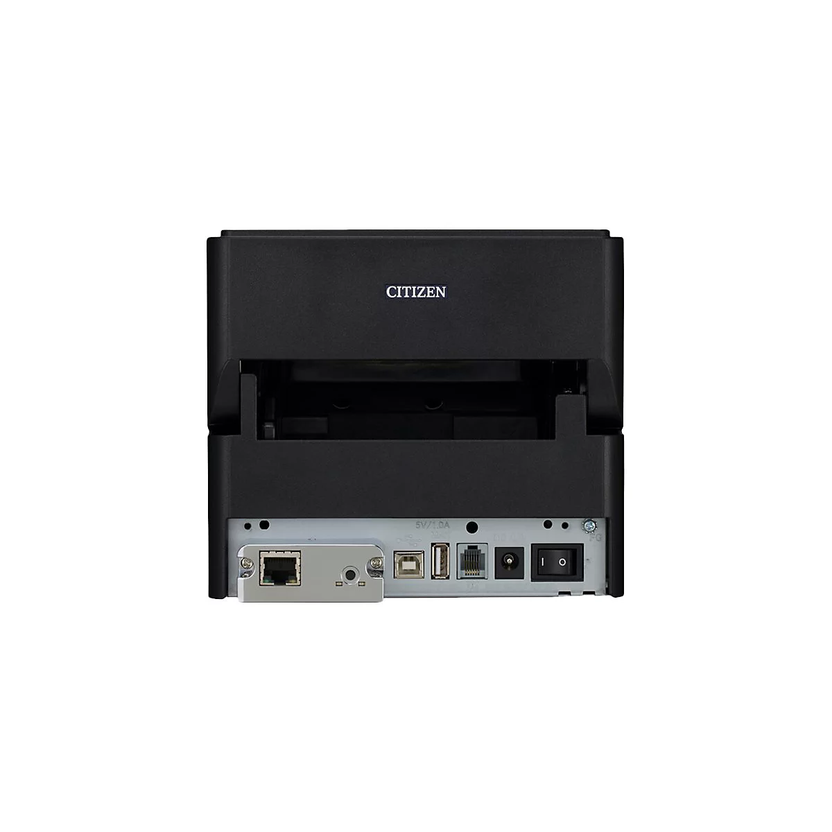 Schwarzer Drucker mit der Aufschrift "CITIZEN". Auf der Rückseite befinden sich Anschlüsse, darunter USB und Ethernet, sowie ein Ein- und Ausschalter.