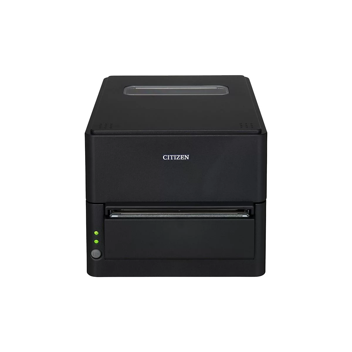 Schwarzer Thermodrucker mit der Aufschrift CITIZEN. Oben ein rechteckiger Einzug, darunter die Ausgabestelle. Rechts zwei grüne LEDs.