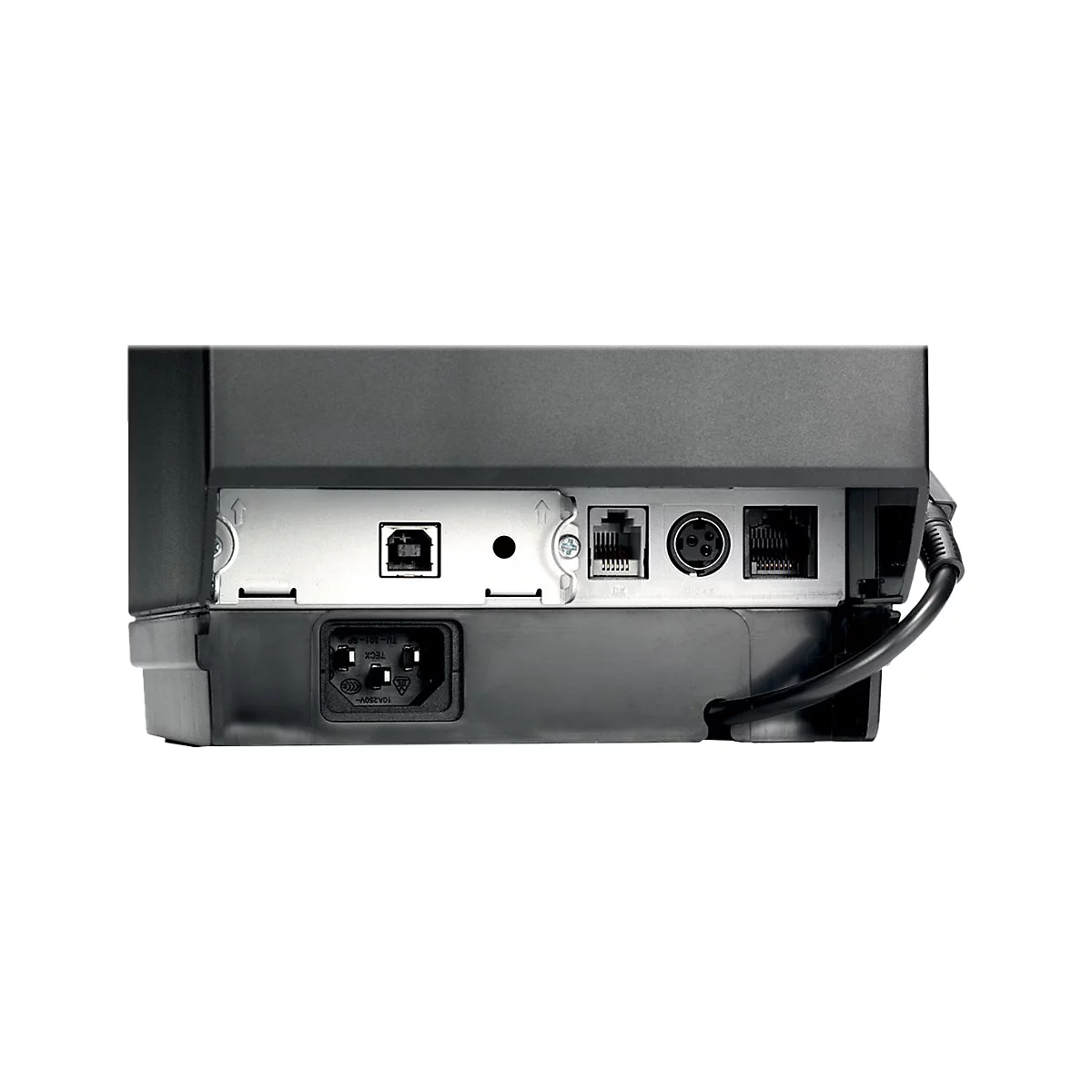 Rückseite eines schwarzen Druckers mit verschiedenen Anschlüssen: USB, Ethernet, Stromanschluss. Ein Kabel ist angeschlossen.