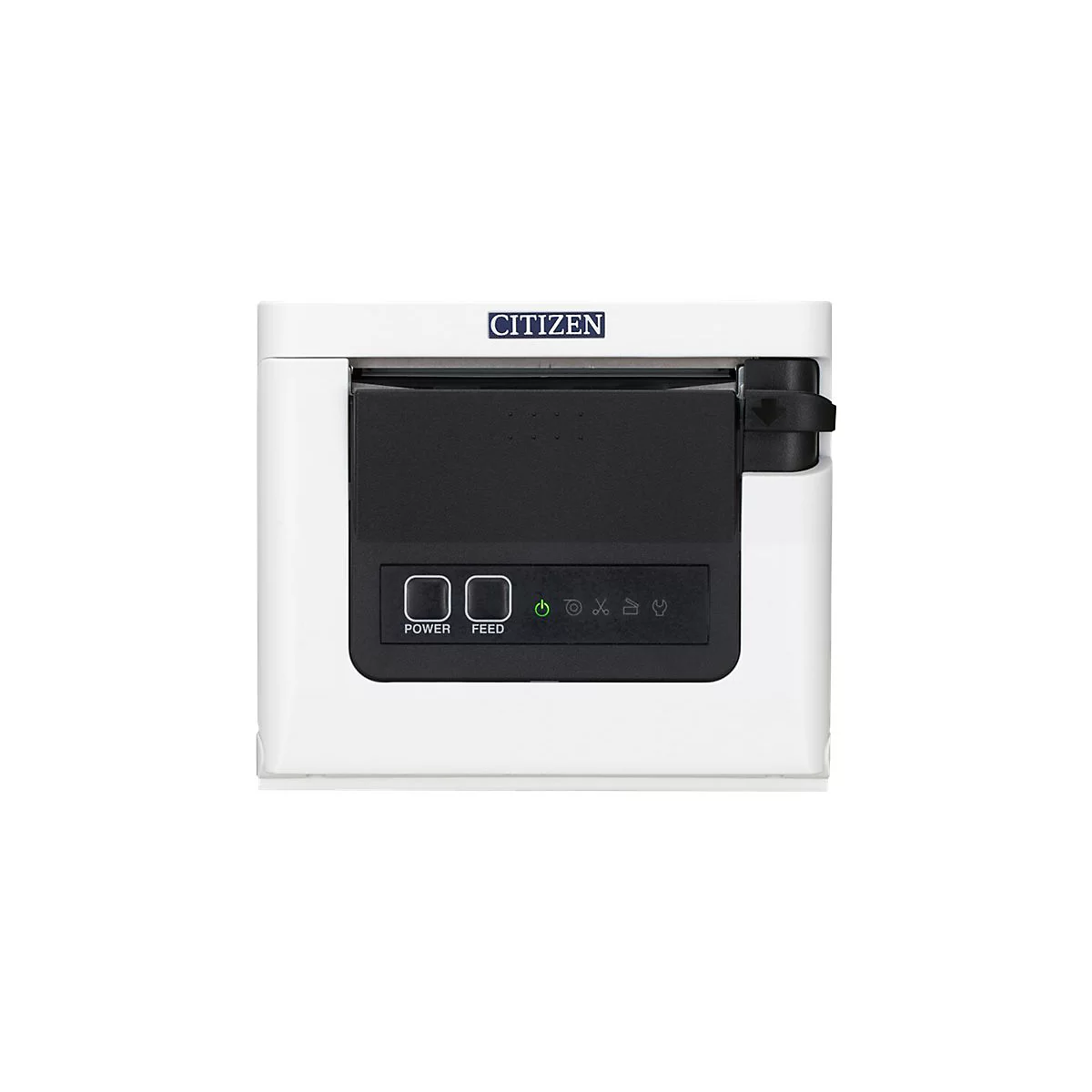 Weißer Citizen-Thermodrucker. Schwarze Bedienelemente, darunter Power und Feed-Knöpfe, grüne LED.
