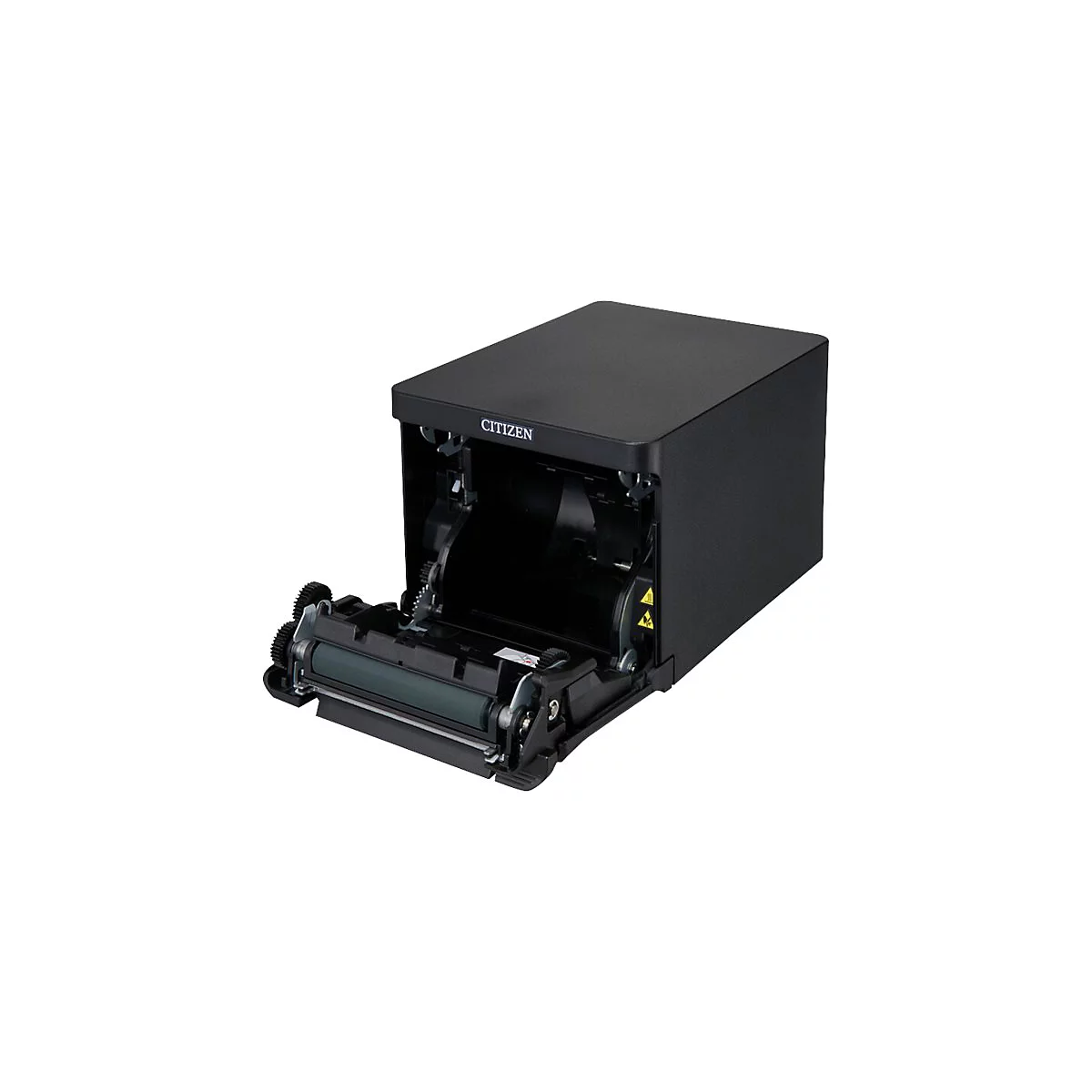 Schwarzer Drucker mit geöffneter Klappe, CITIZEN Schriftzug sichtbar. Gezahnte Walze im Vordergrund.
