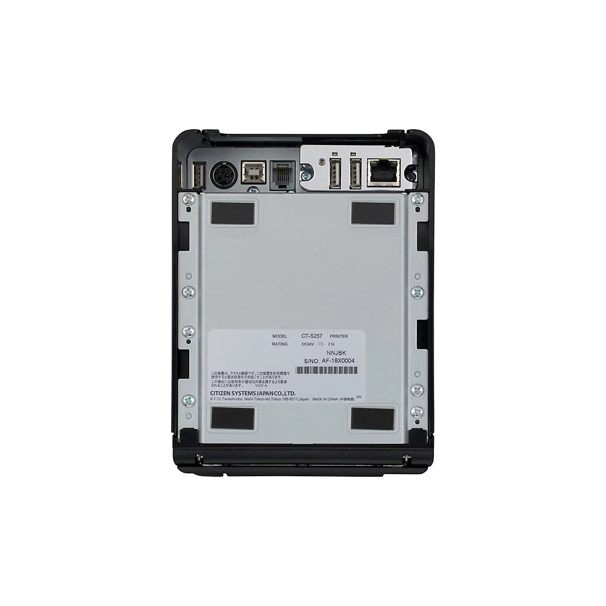 Rückseite eines schwarzen Druckers mit Anschlüssen, u.a. USB und Ethernet. Ein Aufkleber zeigt Modell, Nennleistung und Hersteller.