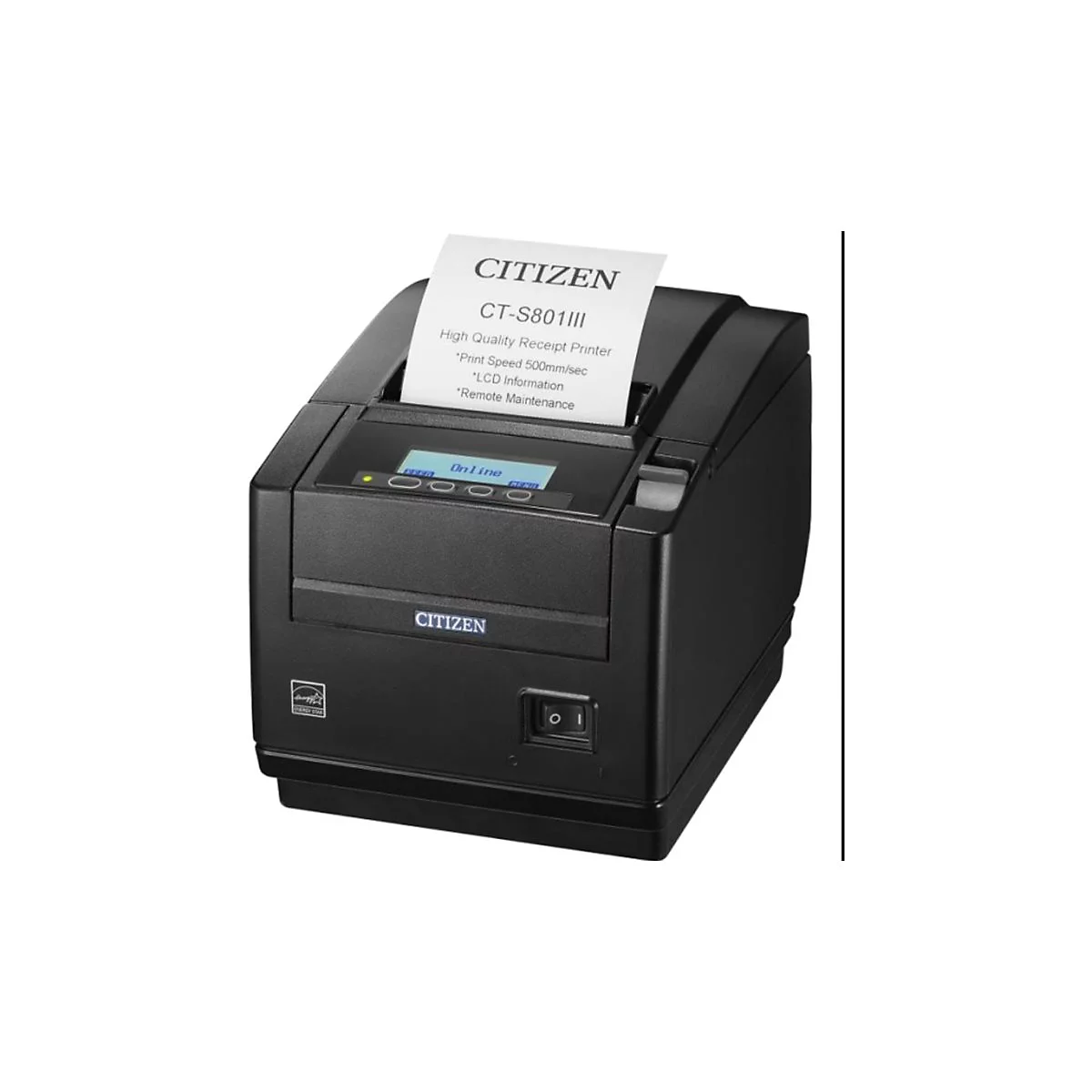 Schwarzer CITIZEN Thermodrucker mit Papierausdruck. Auf dem Papier sind Produktinformationen aufgedruckt.