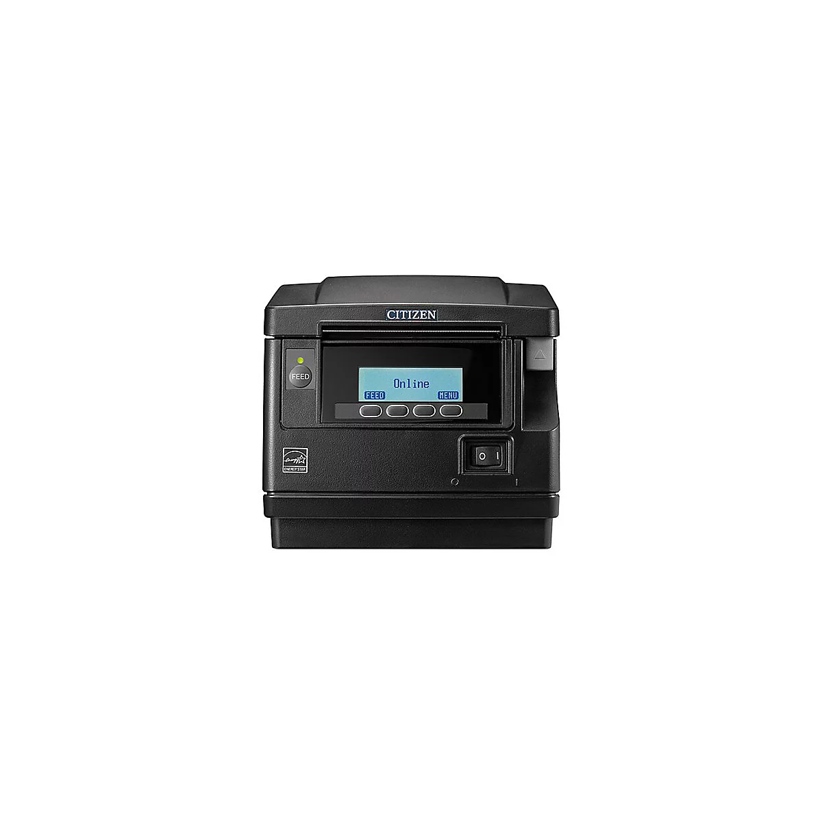 Schwarzer Citizen-Thermodrucker mit blauem Display, auf dem „Online“ steht. Ein- und Ausschalter ist sichtbar.