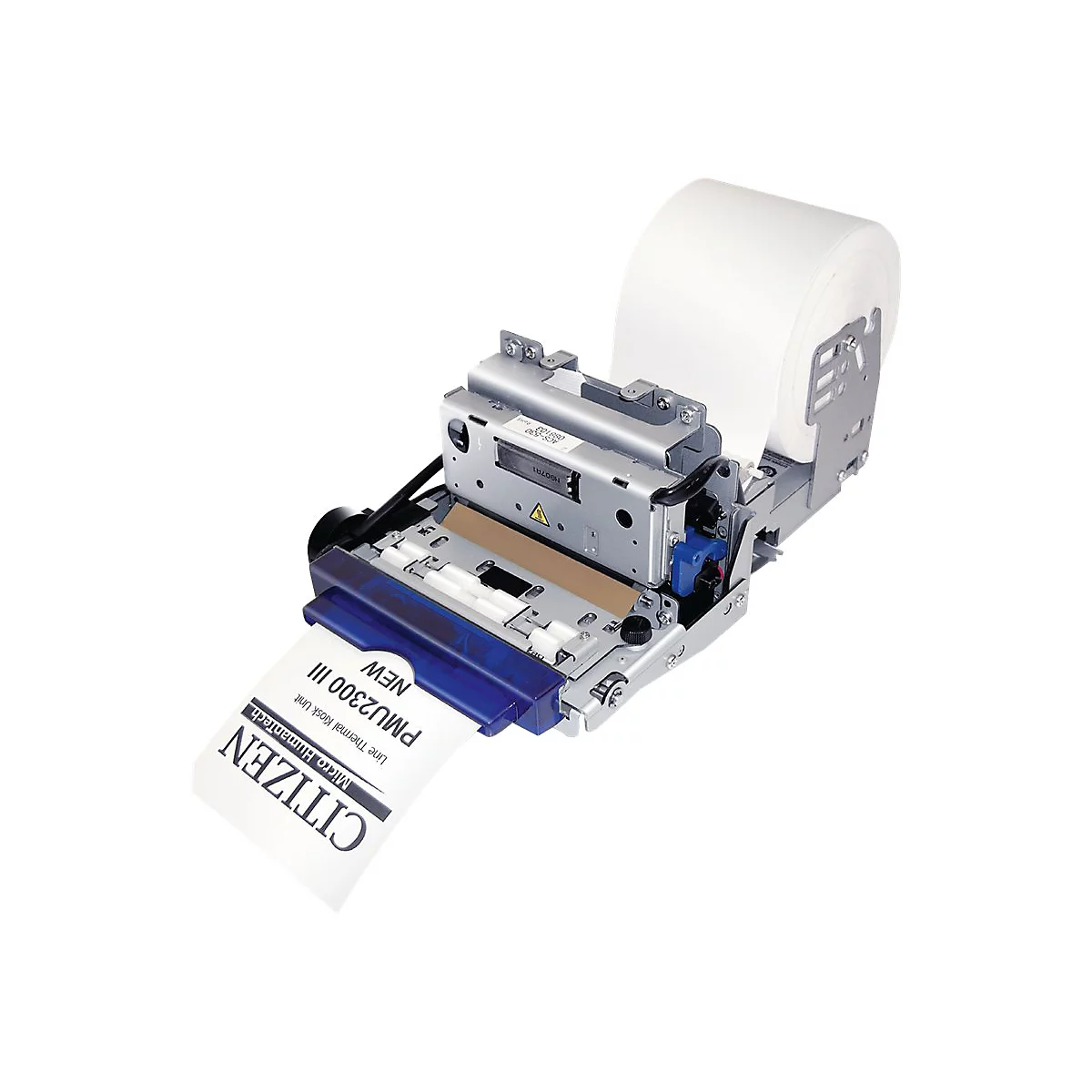 Eine Citizen PMU2300 III Thermodrucker. Der Drucker druckt auf Papier, das aus einer Rolle kommt, mit der Aufschrift Citizen.