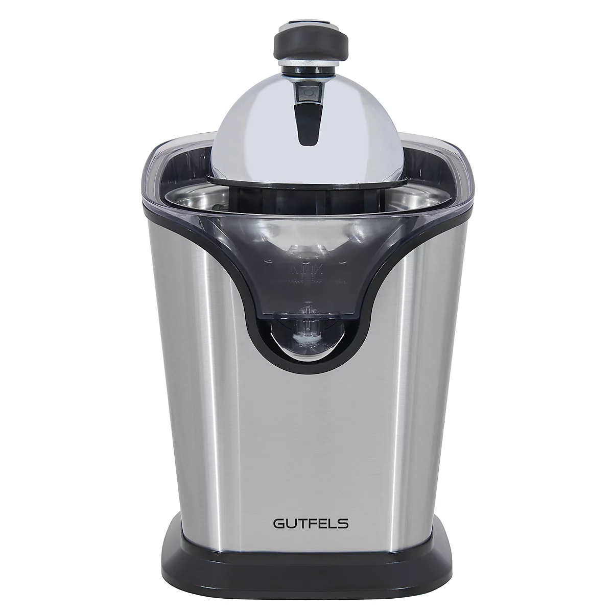 A silver citrus juicer with a black base and attachment. The attachment is round and chrome-plated. "GUTFELS" is written on the housing.