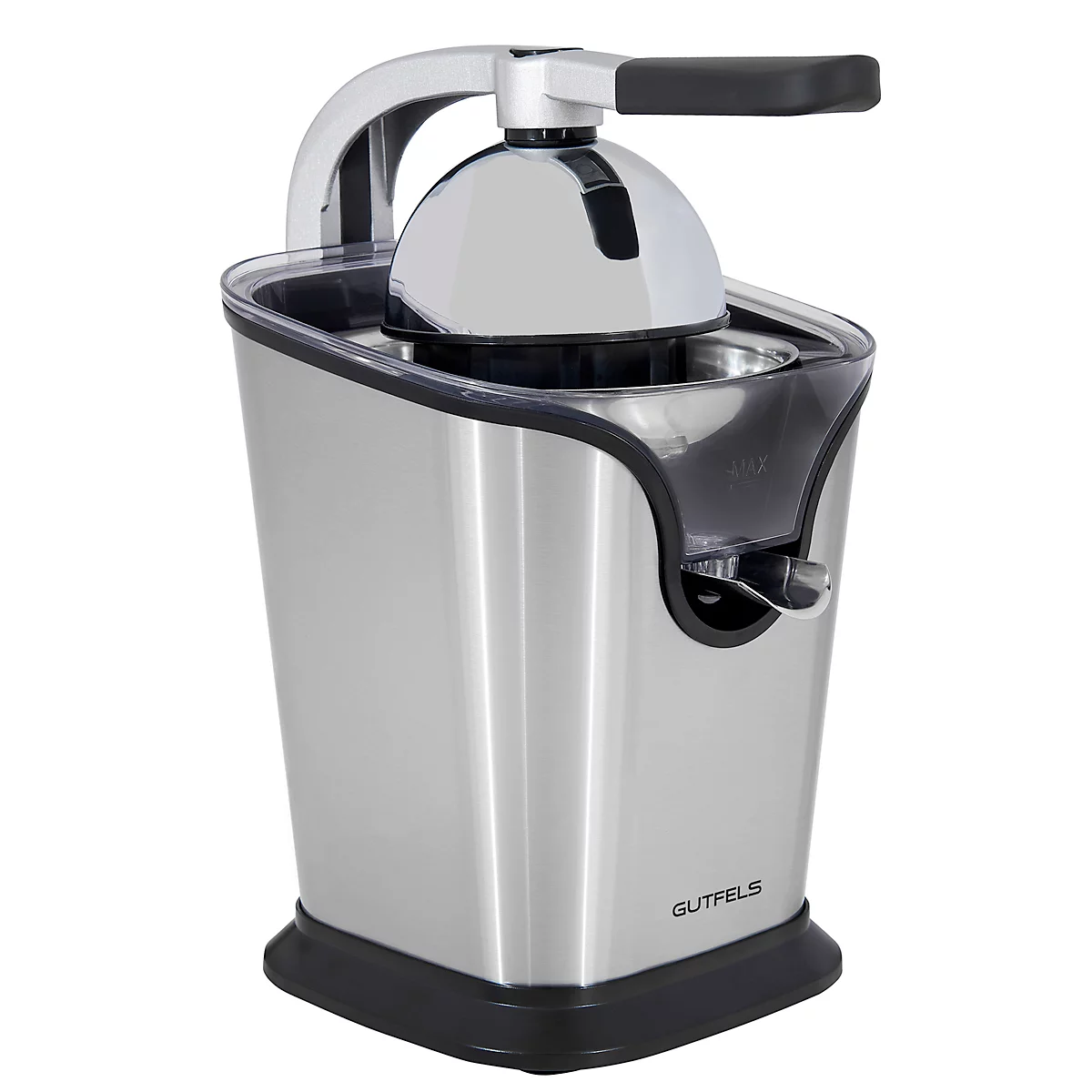 Stainless steel citrus juicer with black handle. The brand GUTfels is visible on the front.