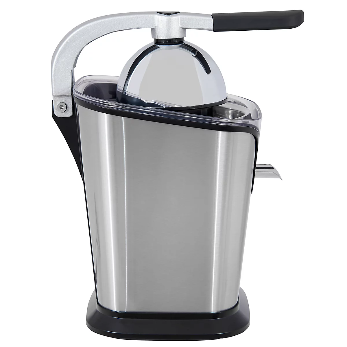 Electric stainless steel juicer with silver and black accents, handle and juice spout.