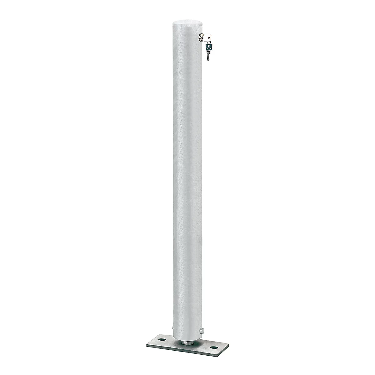 Gray cylindrical bollard mounted on a rectangular plate. A lock with key is attached at the top.