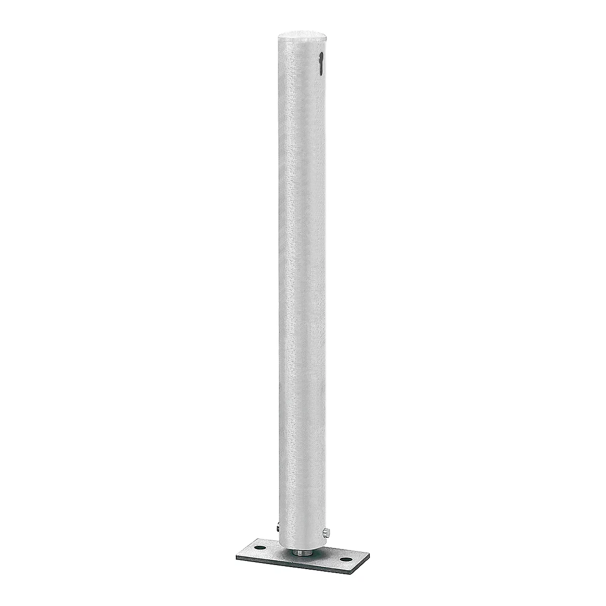 Silver cylindrical bollard attached to a rectangular base plate.