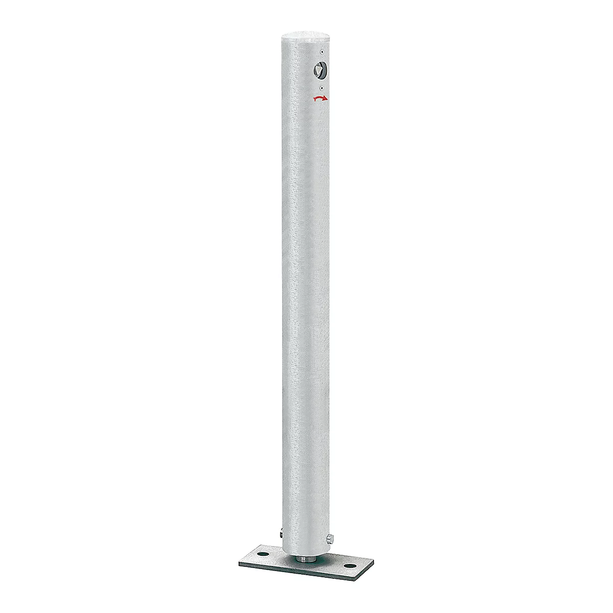 Silver cylindrical bollard with a rectangular base. Indicators and a company logo are at the top.
