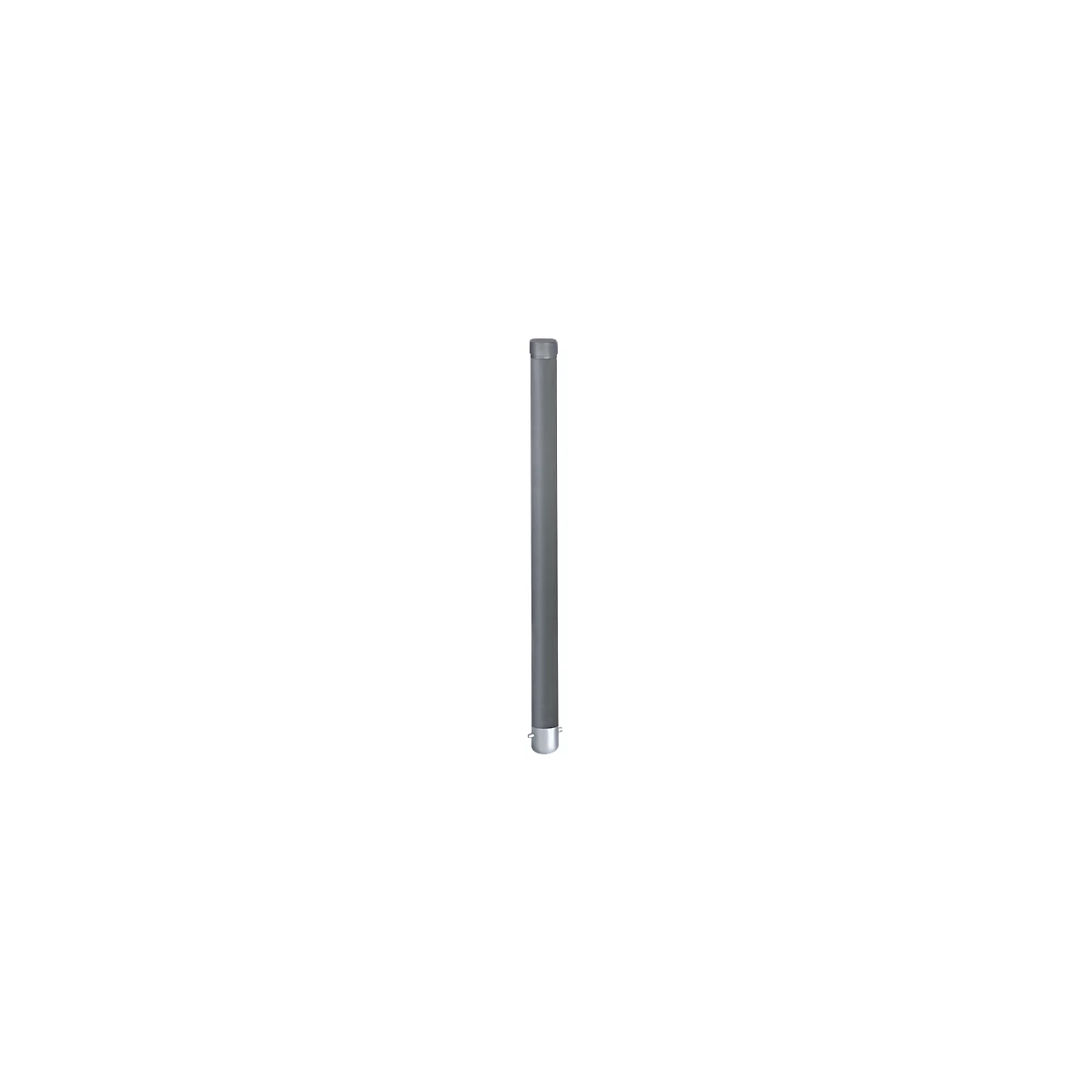 Cylindrical gray object with rounded edges. It stands on a small, silver base.