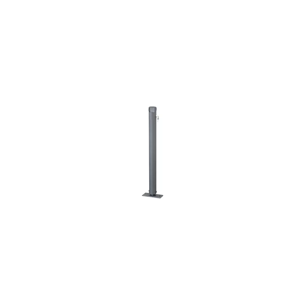 Gray cylindrical bollard with lid and key. It stands on a metal plate.