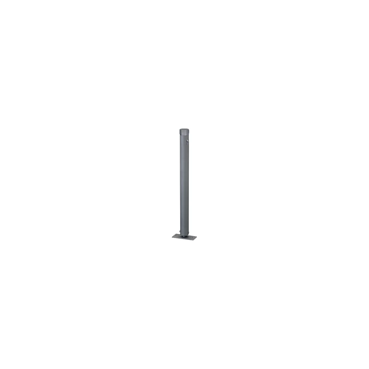 Gray cylindrical bollard with a square base plate. A round lid at the top, a handle on the side.