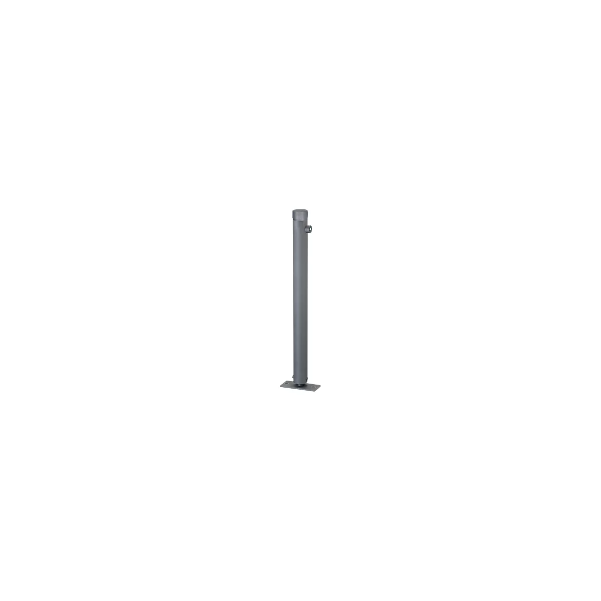 Gray cylindrical bollard with lid and side opening on a rectangular base. Metallic look.