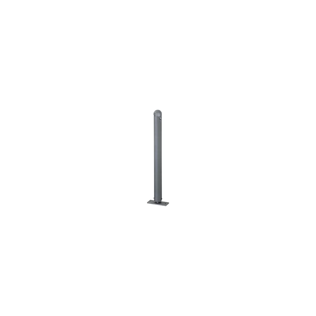 Grey bollard with rounded cap and rectangular base plate.