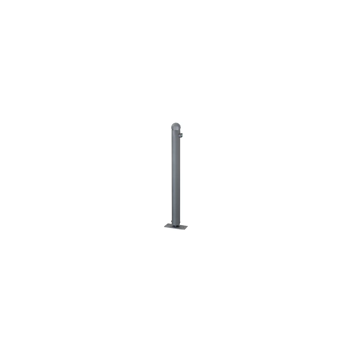 Grey bollard with a round head and base. A side pin protrudes from the top.