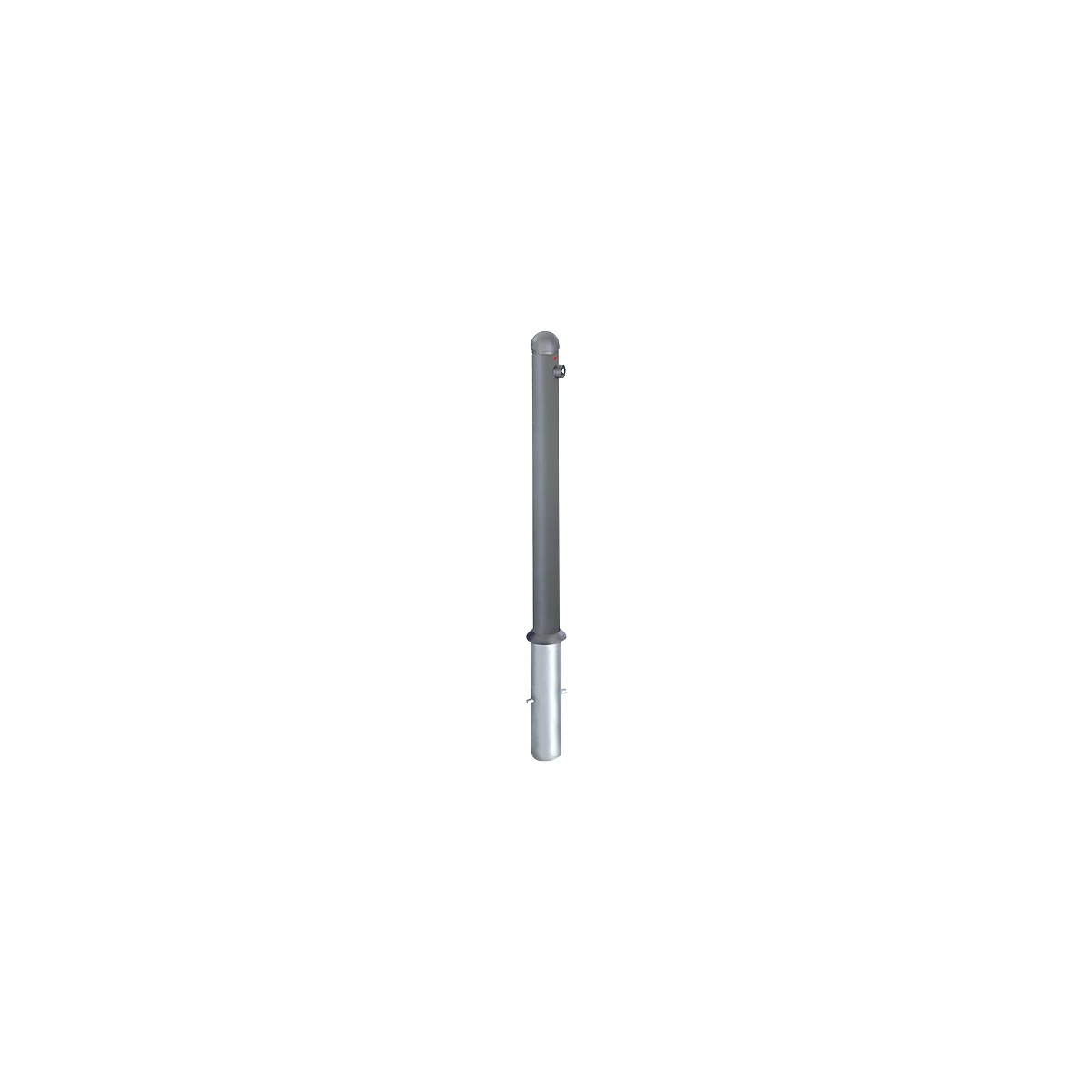 Gray, cylindrical bollard. Upper part with lid, below a round part, below a cylindrical base.