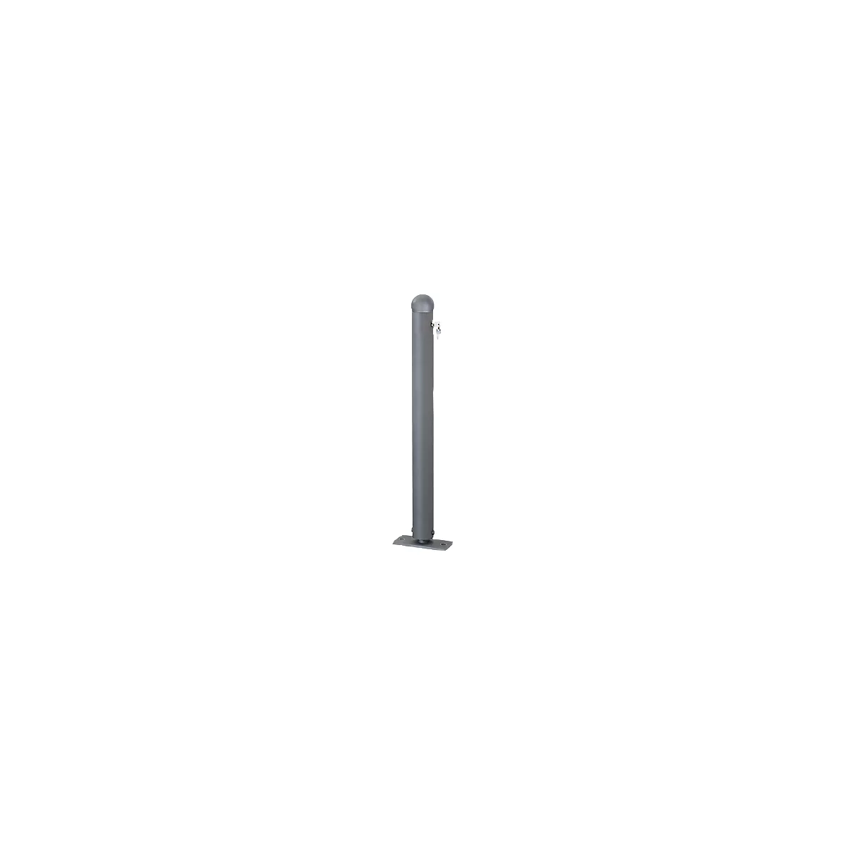 Gray metal bollard with dome top, faucet, and mounting plate.