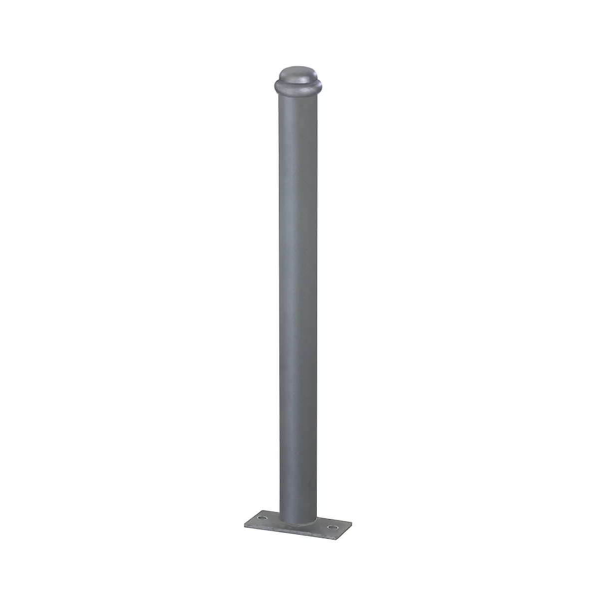Gray bollard with round cap and rectangular base plate.