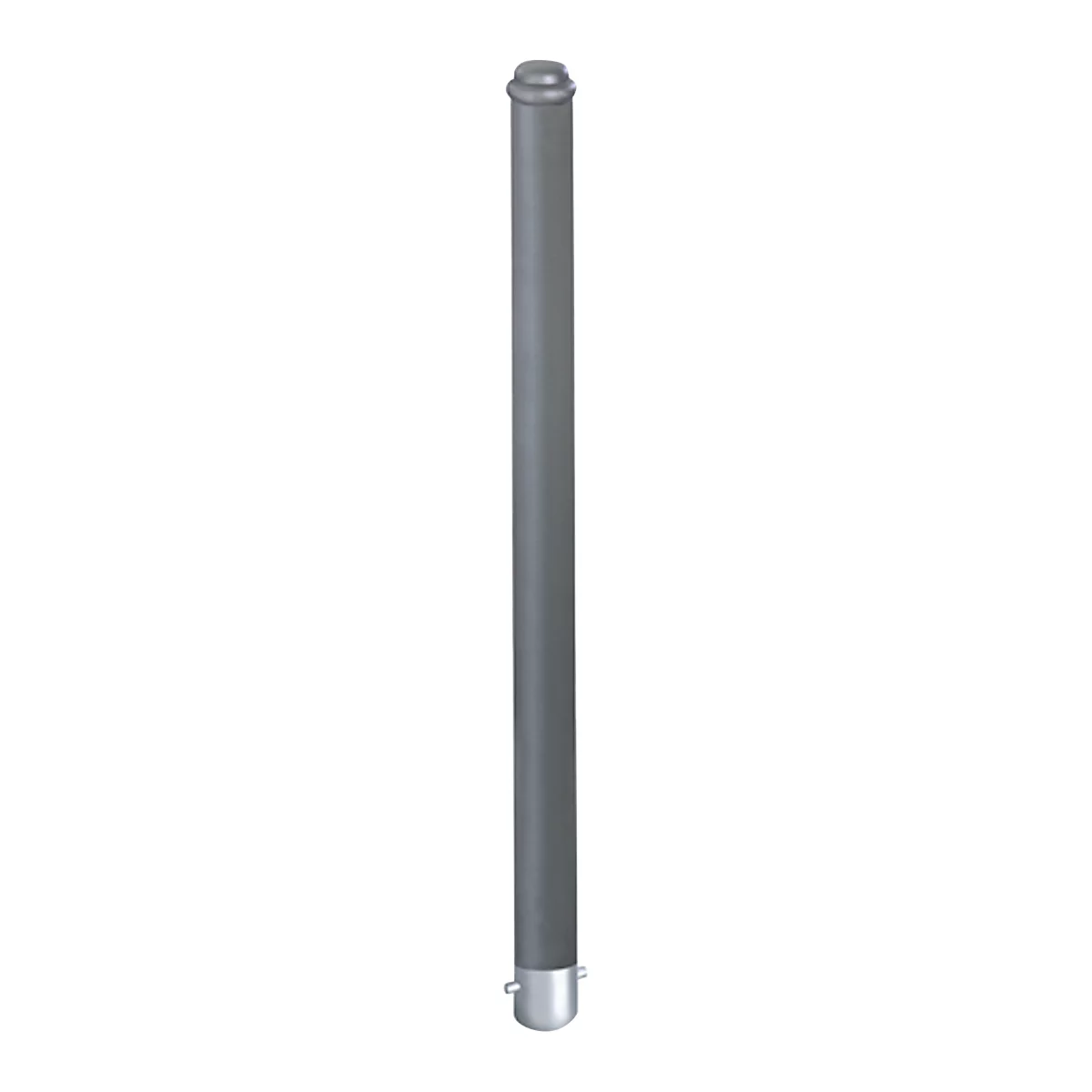 A gray, cylindrical object with rounded ends. It stands on a small base.