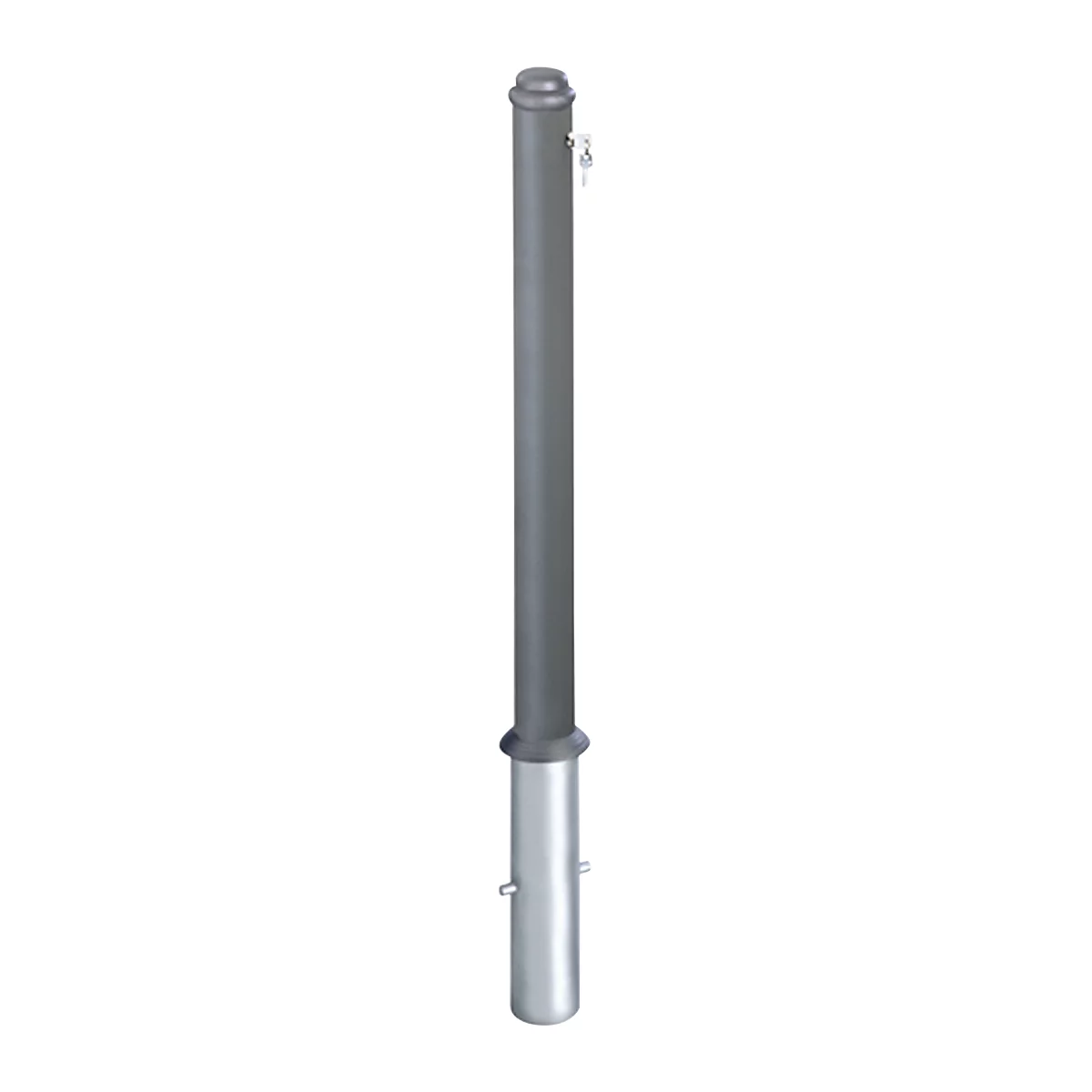 Gray pillar with rounded head and base. Metal pins are attached to the column.