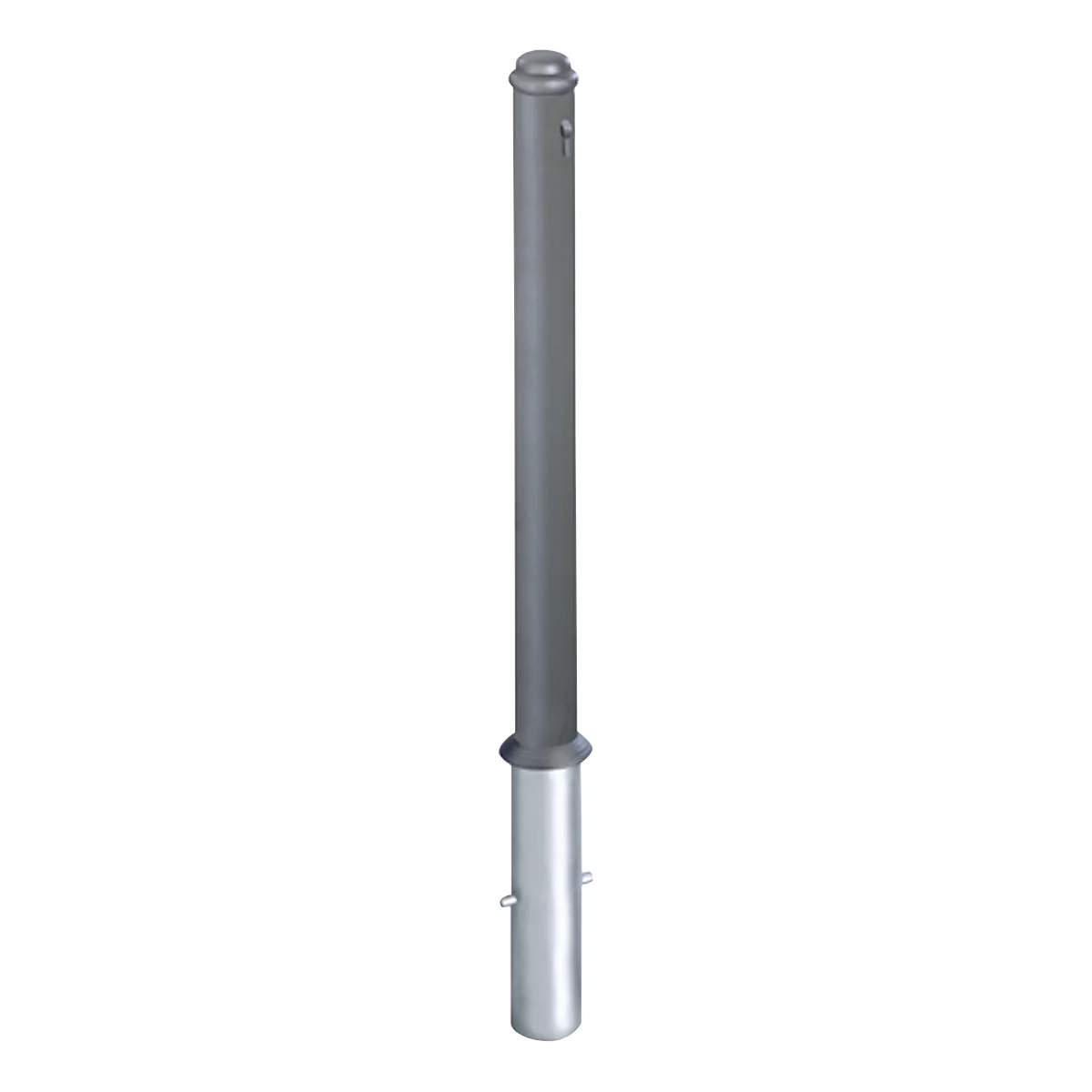 Cylindrical metal bollard in grey with rounded edges and two small eyelets.