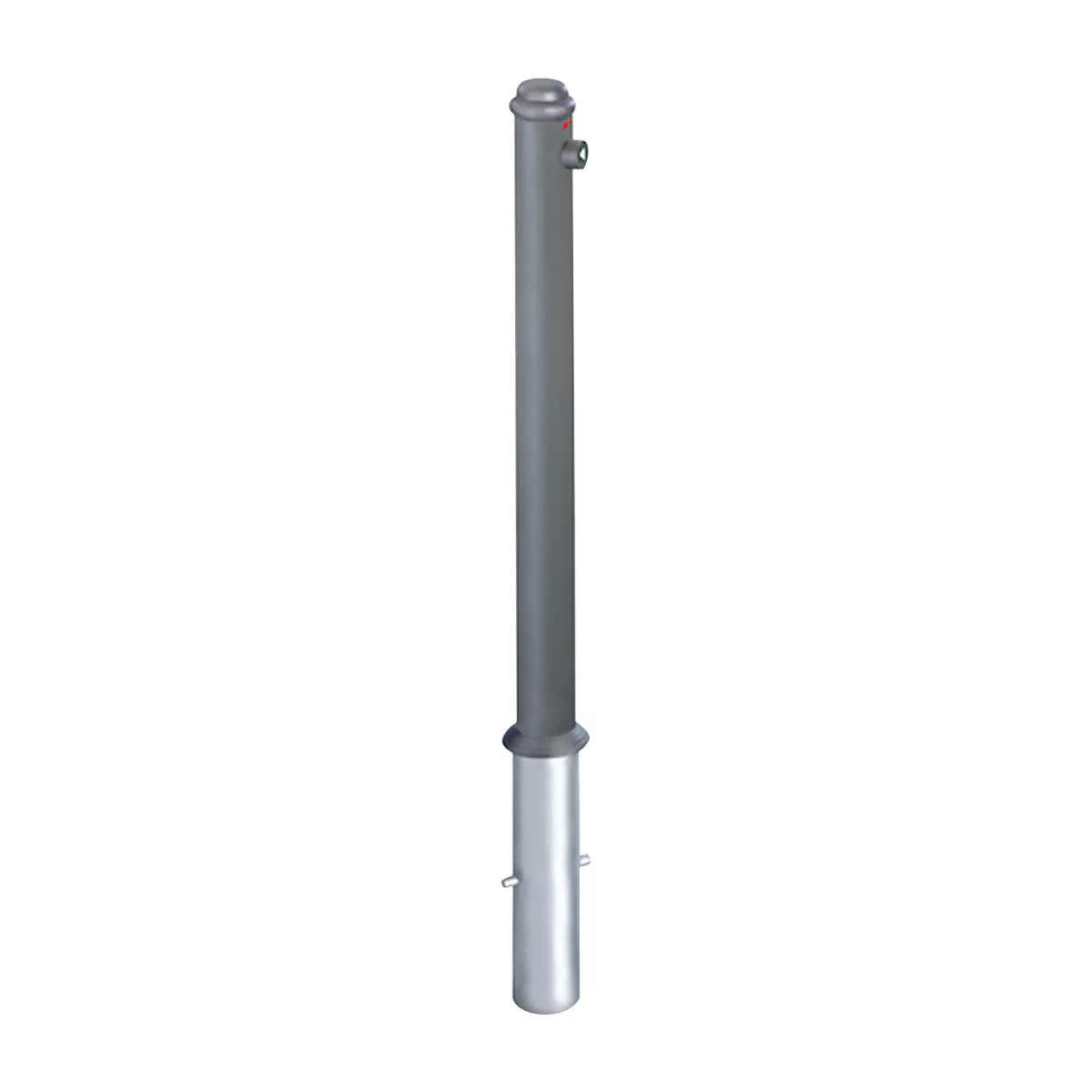 Gray bollard with rounded top and two protruding tabs on the upper part.
