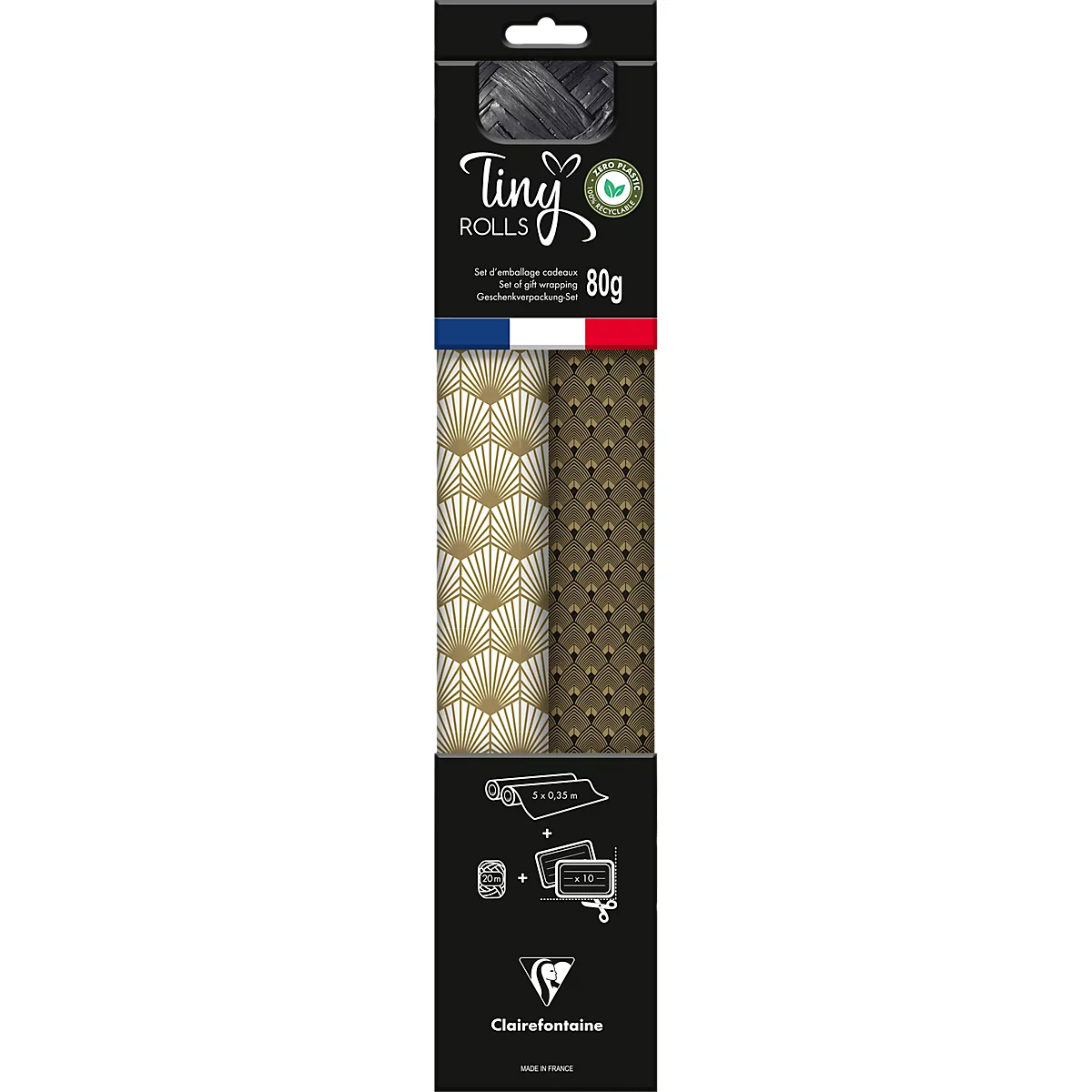 Clairefontaine cadeauverpakkingsset, goud-zwart, 2 Tiny rollen inpakpapier L 5 m x B 350 mm, cadeaulint L 20 m &amp; 10 cadeaulabels