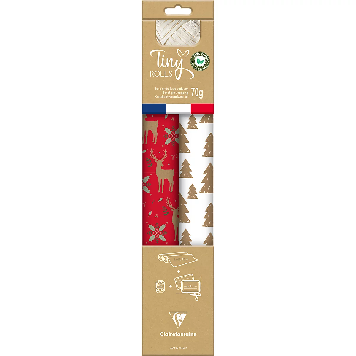 Clairefontaine cadeauverpakkingsset, rood-wit, 2 Tiny rollen inpakpapier L 5 m x B 350 mm, cadeaulint L 20 m &amp; 10 cadeaulabels