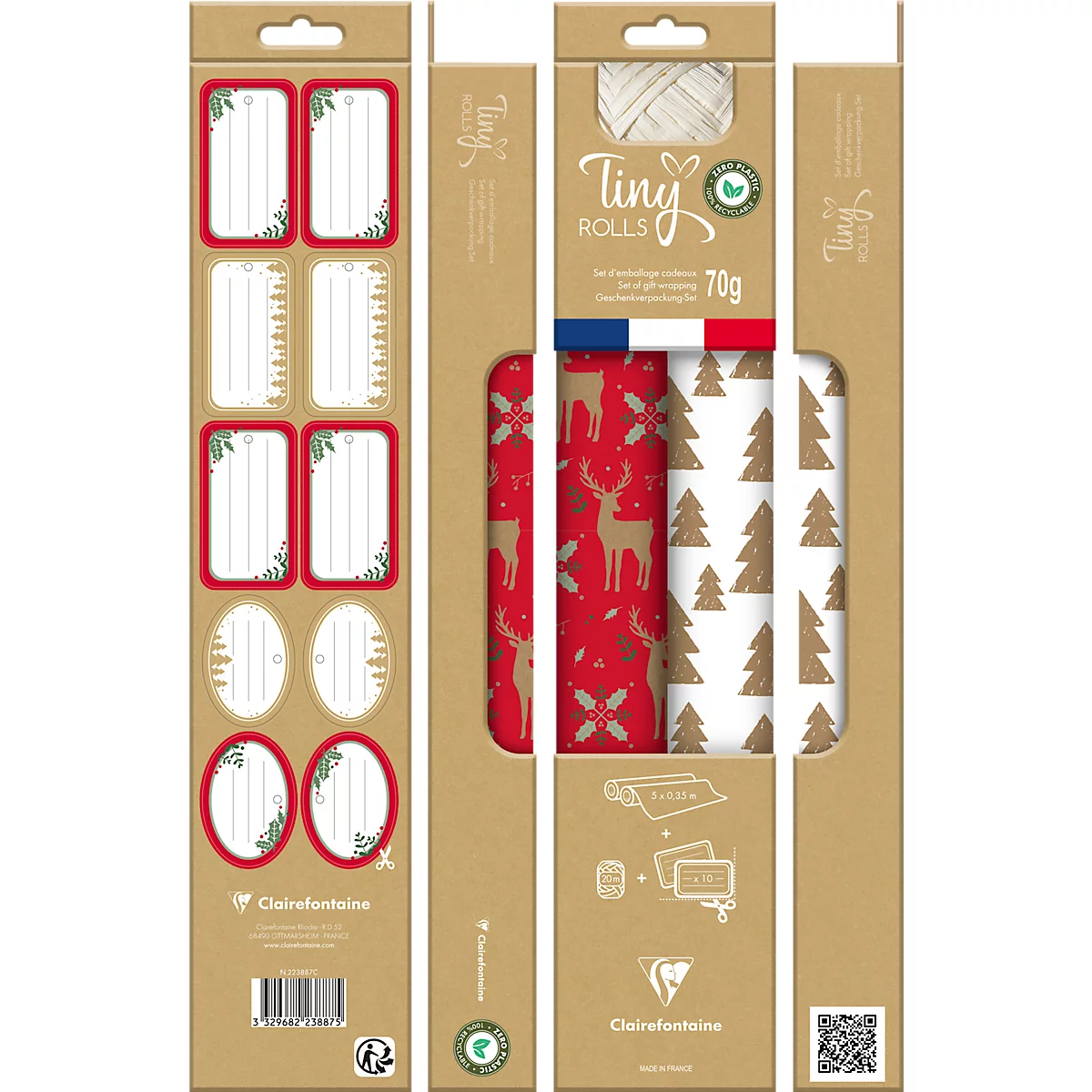 Clairefontaine cadeauverpakkingsset, rood-wit, 2 Tiny rollen inpakpapier L 5 m x B 350 mm, cadeaulint L 20 m &amp; 10 cadeaulabels