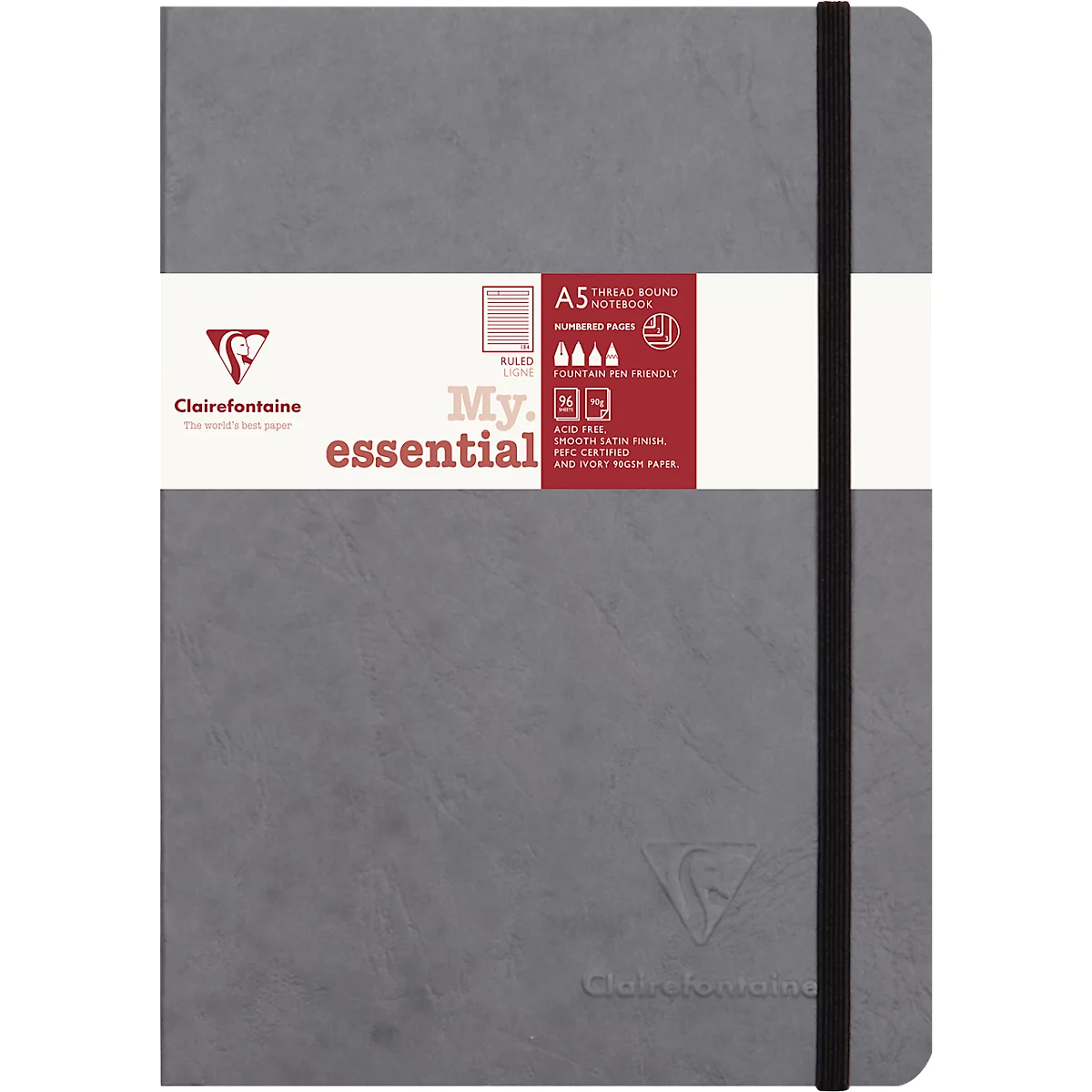 Clairefontaine Carnet de notes My Essentials Age Bag, 96 pages, DIN A5, 90g/m², numéroté, cousu, ligné, gris