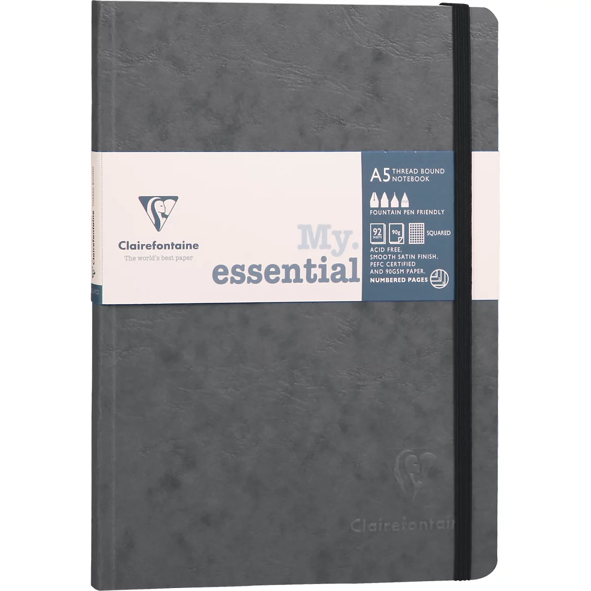 Clairefontaine Carnet de notes My Essentials Age Bag, 96 pages, DIN A5, 90g/m², numéroté, cousu, quadrillé, gris