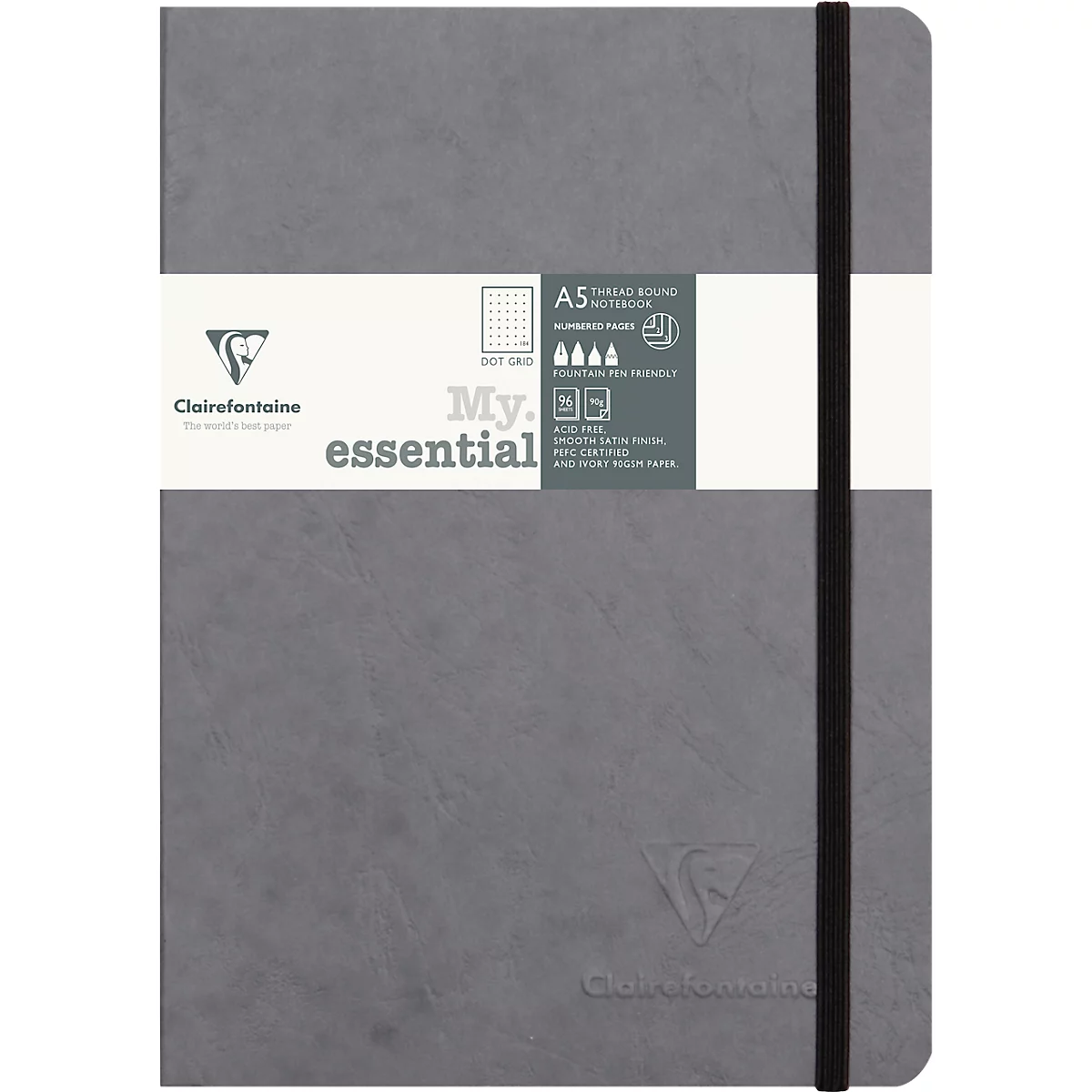 Clairefontaine Carnet de notes My Essentials Age Bag, 96 pages, DIN A5, 90g/m², numéroté, cousu, quadrillé, gris