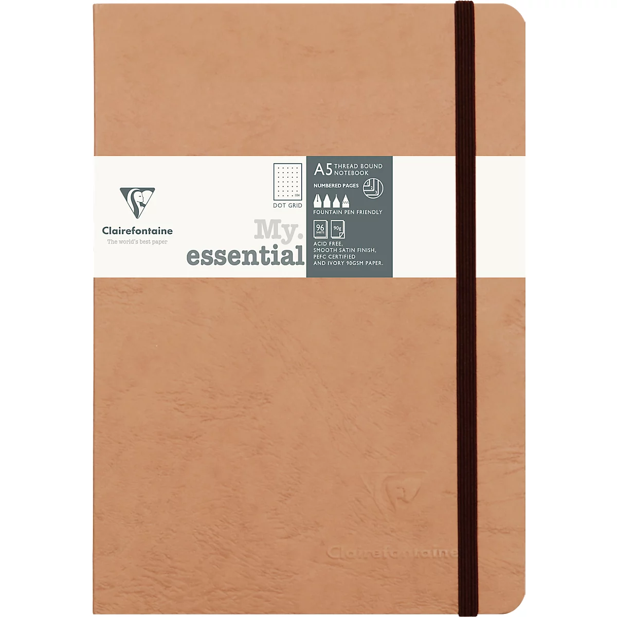 Clairefontaine Carnet de notes My Essentials Age Bag, 96 pages, DIN A5, 90g/m², numéroté, cousu, quadrillé, marron