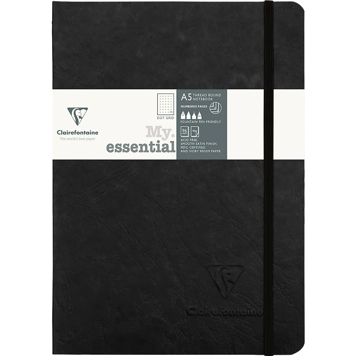 Clairefontaine Carnet de notes My Essentials Age Bag, 96 pages, DIN A5, 90g/m², numéroté, couture, quadrillage à pois, noir