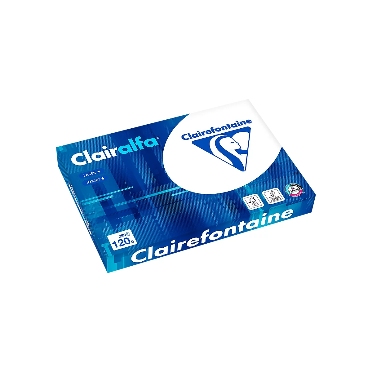 Blauwe papieren doos met witte opdruk 'Clairefontaine' en 'Clairalfa'.