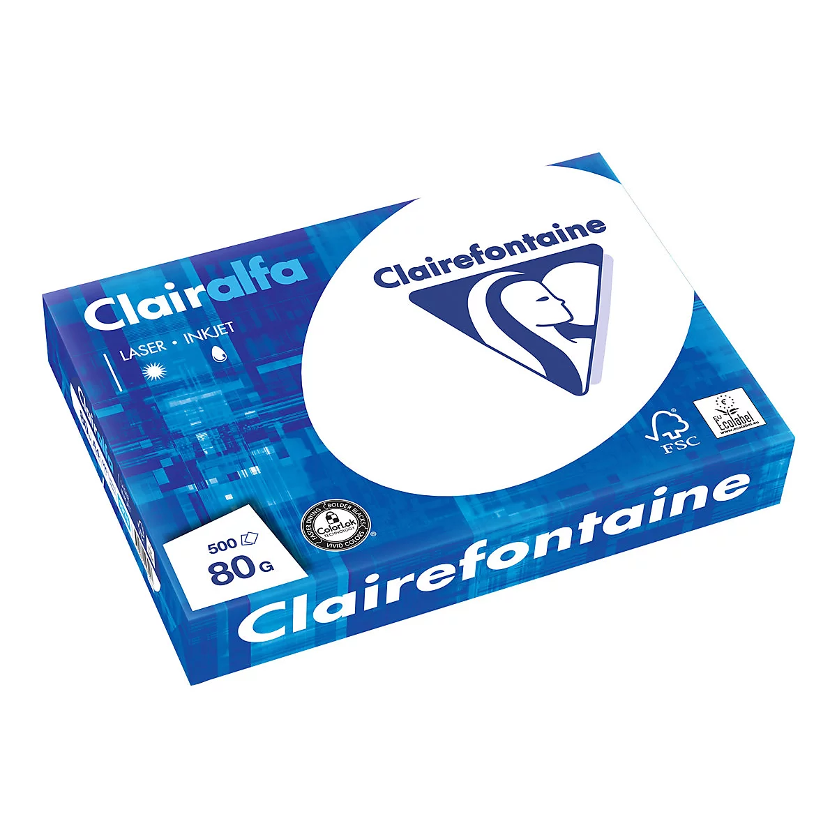 Blauer Papierstapel von Clairefontaine, Modell Clairalfa, 80g, 500 Blatt, mit Logo und ColorLok-Technologie.