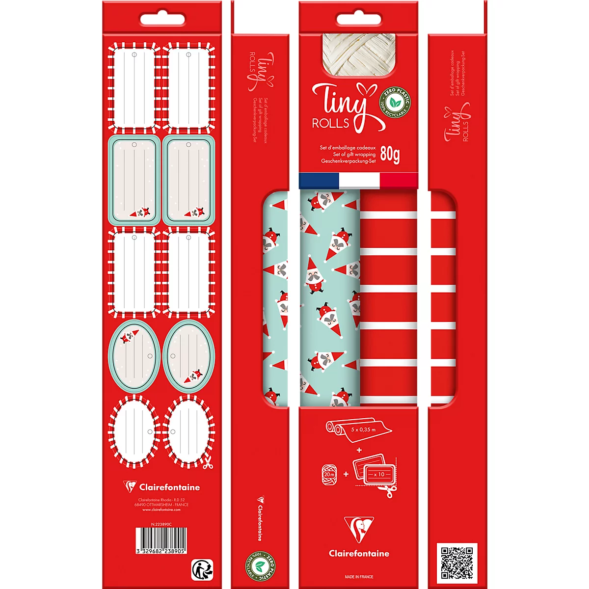 Clairefontaine inpakset, 2 kleine rollen inpakpapier L 5 m x B 350 mm, lint L 20 m &amp; 10 cadeaulabels
