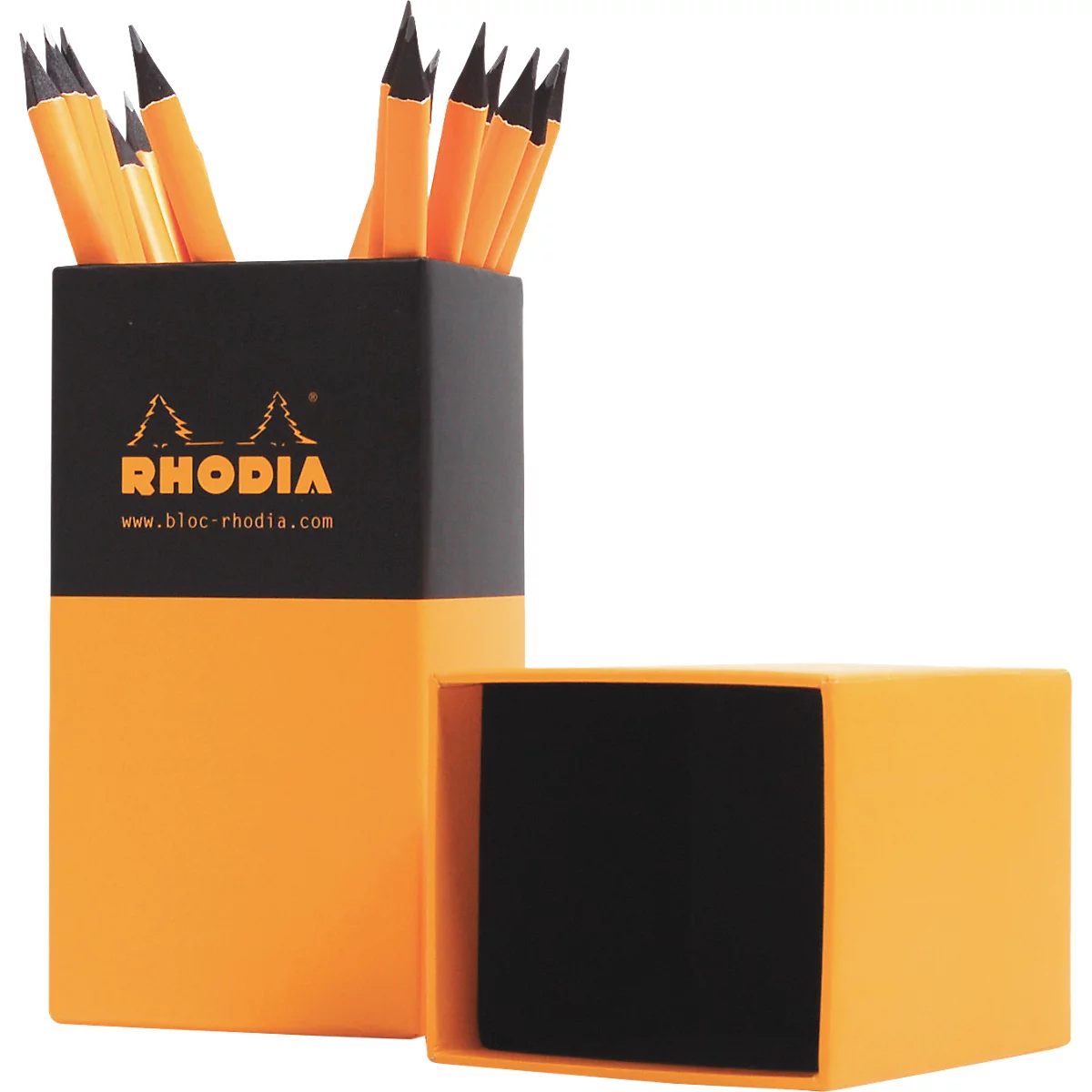 Pencil holder with pencils. Orange and black holder with logo and web address. Next to it an open, empty holder.