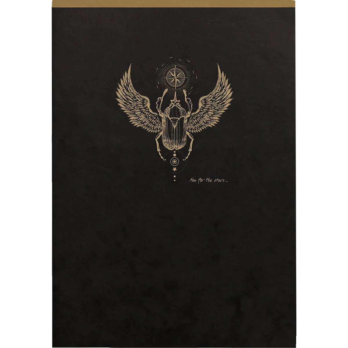 Goldener Skarabäus mit ausgebreiteten Flügeln, Kompass, Sterne und Text auf dunklem Hintergrund.