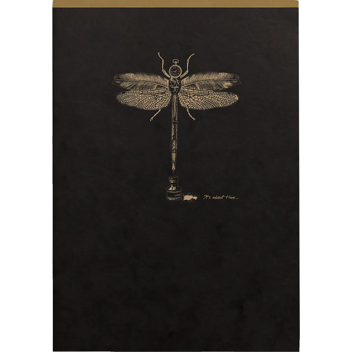 Eine Libelle mit Uhr als Kopf und Stift als Körper. Schwarzer Hintergrund mit Text: 'It's about time...'